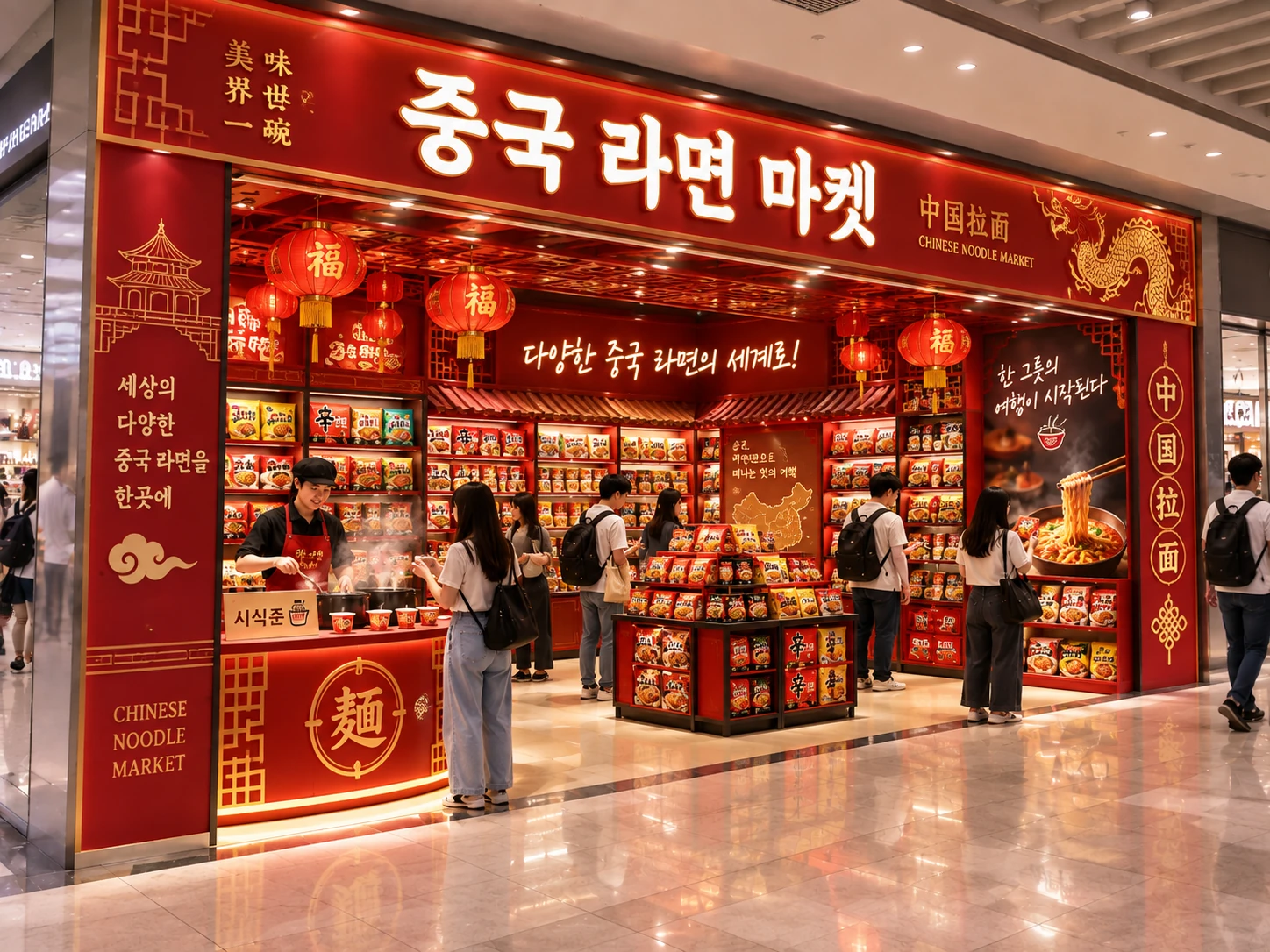 붉은 등불이 걸린 중국 라면 마켓