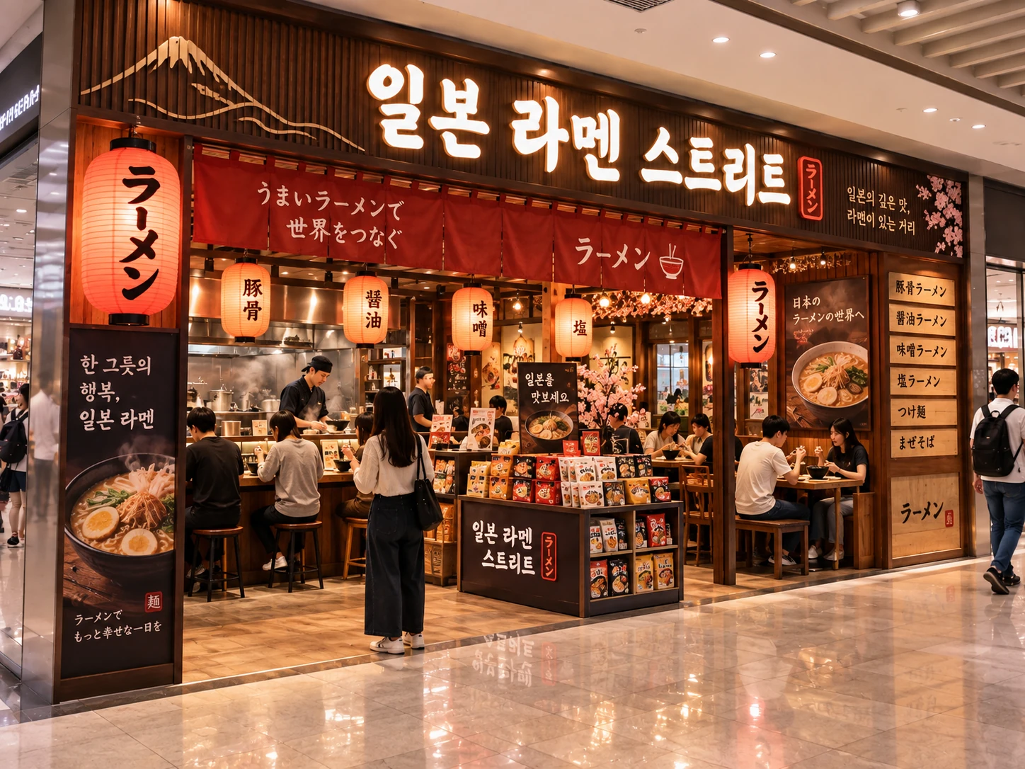 일본식 등불이 걸린 라면 거리와 방문객