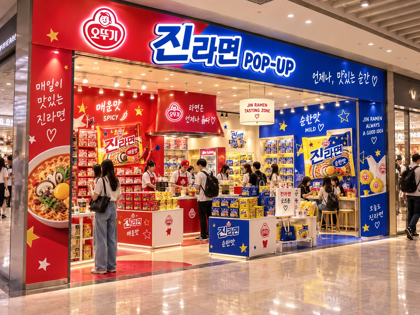 빨강과 파랑 간판의 라면 팝업스토어